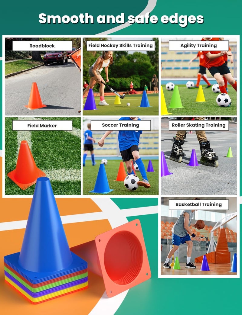 GHB Soccer Cones 7" 9" of 12 24 Pack Disc Soccer Sport Cones Training Field Marker Agility Cones for Basketball, Coaching, Practice Equipment Includes Drills Guide - Image 4